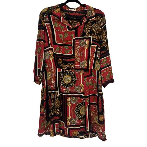 ⚜️ Bepop Red Baroque Chain Print Shirt Dress Retro Scarf Print M ⚜️ - Picture 2 of 6